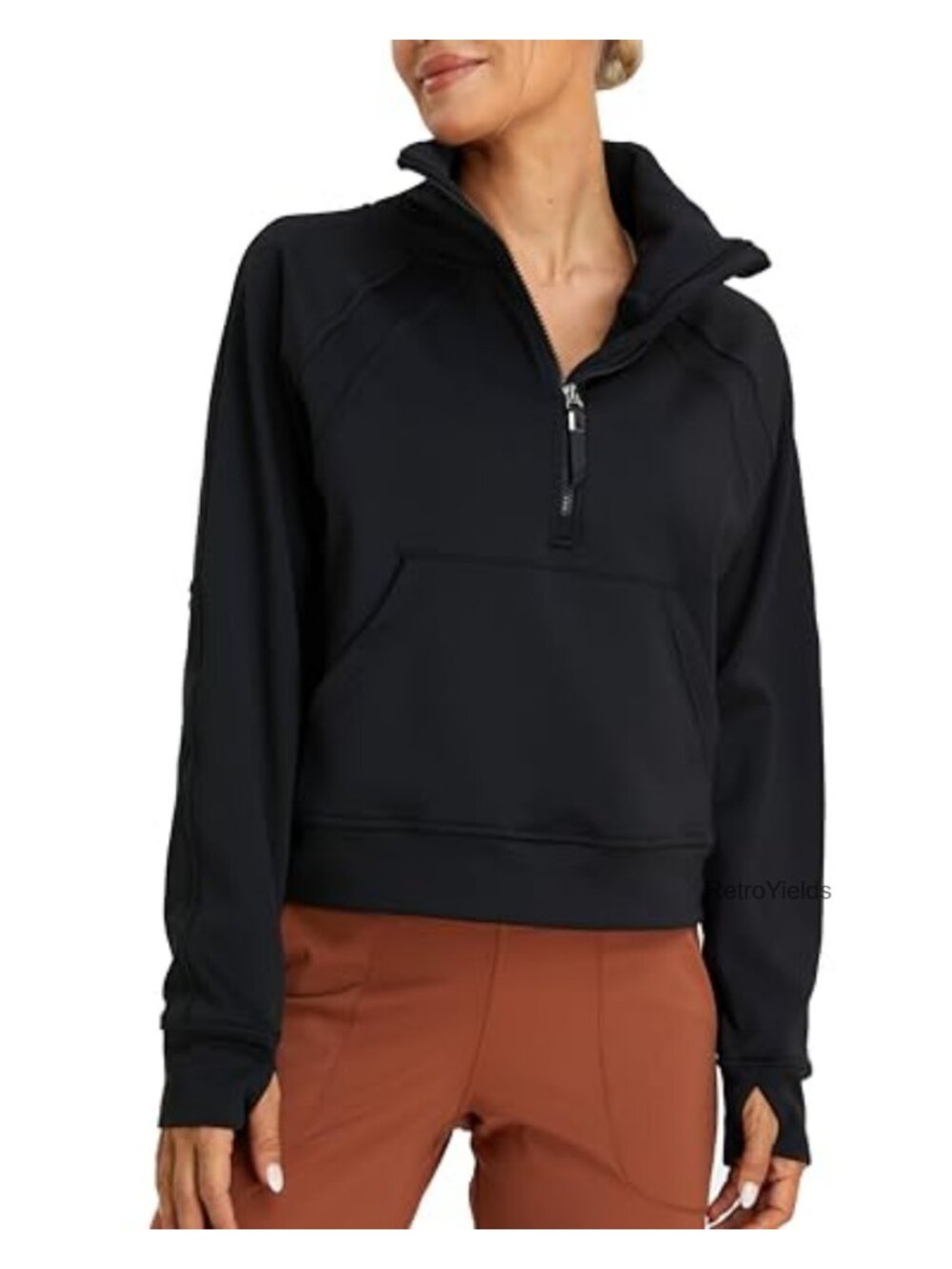 Half Zip Cropped Hoodie Thumb Hole Fleece Lined Pullover
